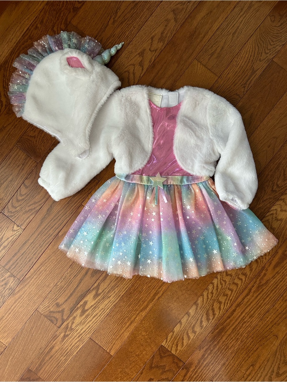 White Faux Fur Unicorn Costume, Pastel Rainbow Tulle Skirt, Unicorn Head Hood 2T